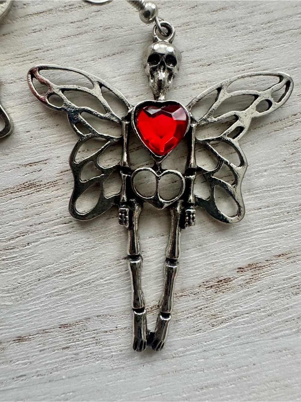 Silver Skeleton Fairy Earrings with Red Heart Gem 2” long - Picture 3 of 7